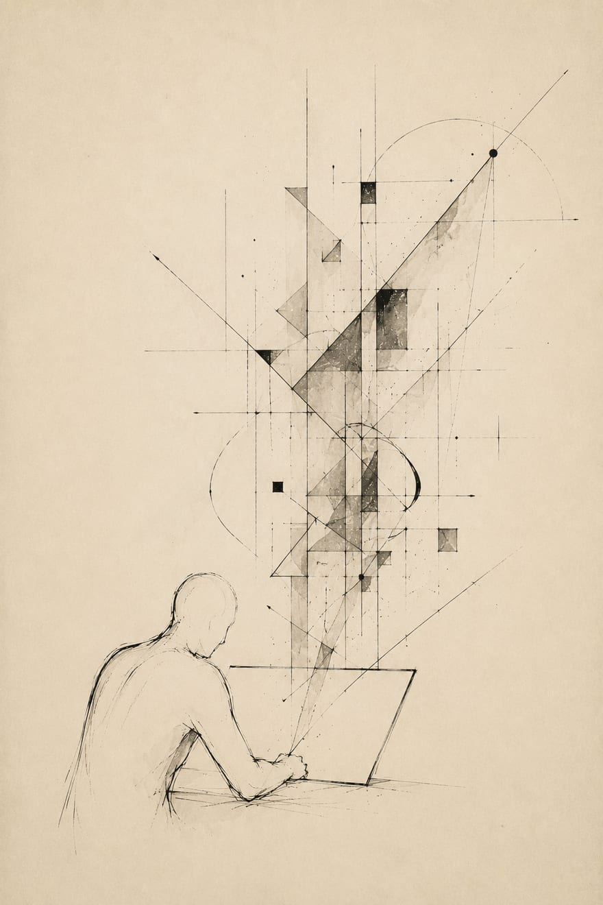 A figure working at a desk beneath a tall geometric construction — the maker shown through the work.